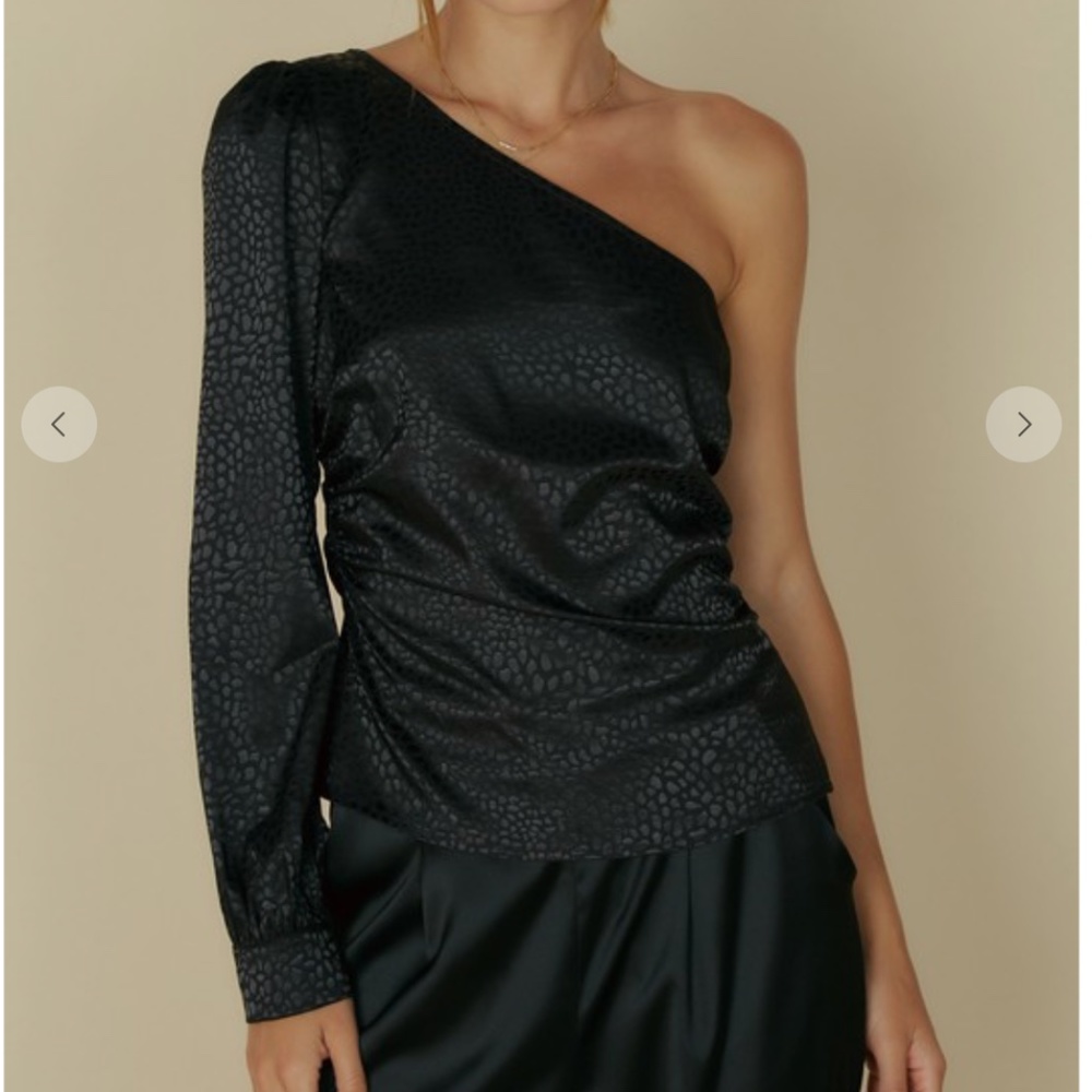 One Shoulder Satin Animal Print Black Top Ruching